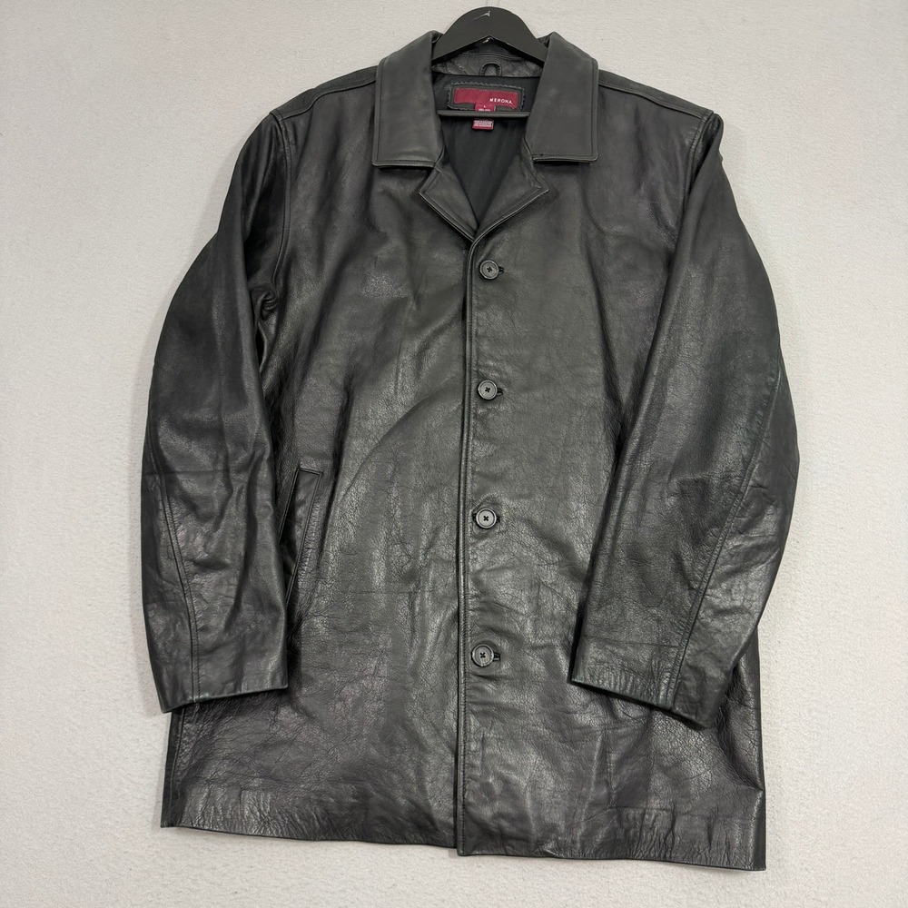 Vintage Merona Leather Jacket Large Black Car Coat Button Front Genuine Leather